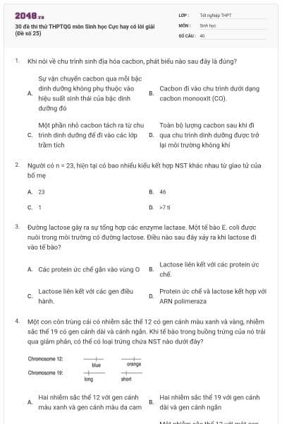 30 đề thi thử THPTQG môn Sinh học Cực hay có lời giải (Đề số 25)