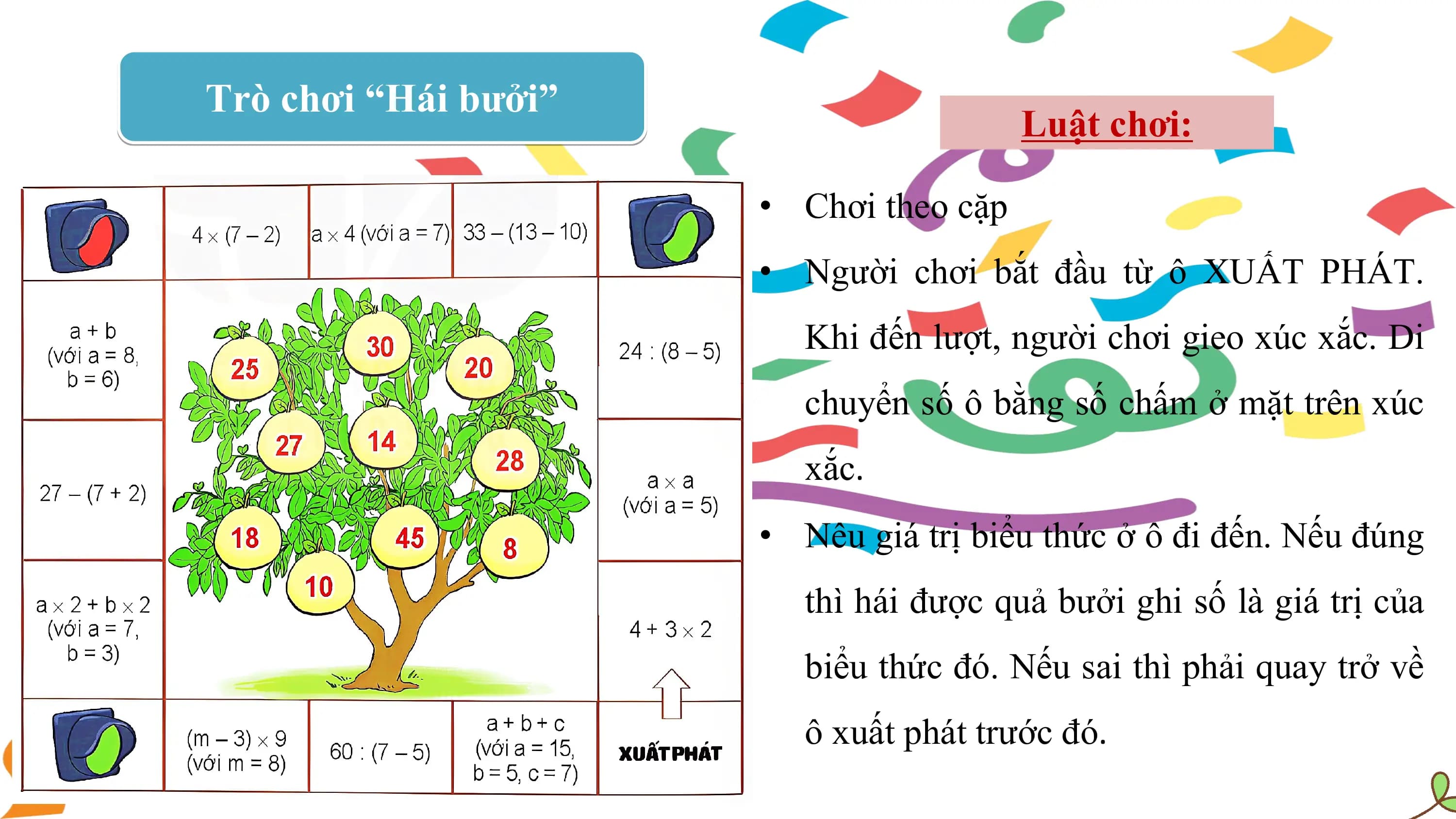 Trò chơi “Hái bưởi”
 Luật chơi:

 • Chơi theo cặp
 • Người chơi bắt đầu từ ô XUẤT PHÁT.
 Khi đến lượt, người chơi gieo xúc xắc. Di
 chuyển số ô bằng số chấm ở mặt trên xúc
 xắc.
 • Nêu giá trị biểu thức ở ô đi đến. Nếu đúng
 thì hái được quả bưởi ghi số là giá trị của
 biểu thức đó. Nếu sai thì phải quay trở về
 ô xuất phát trước đó.