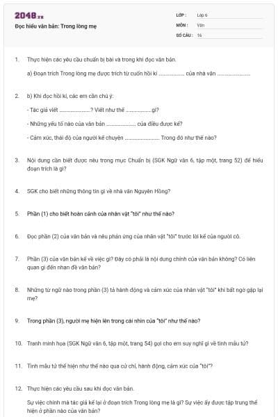 Đọc hiểu văn bản: Trong lòng mẹ