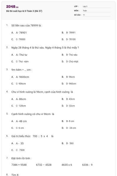 Đề thi cuối học kì II Toán 3 (Đề 37)