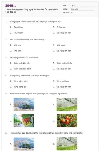 15 câu Trắc nghiệm Công nghệ 7 Cánh diều Ôn tập  Chủ đề 1 có đáp án