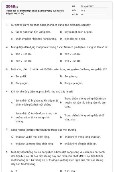 Tuyển tập đề thi thử thpt quốc gia môn Vật lý cực hay có lời giải (Đề số 14)