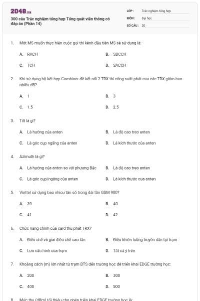 300 câu Trắc nghiệm tổng hợp Tổng quát viễn thông có đáp án (Phần 14)