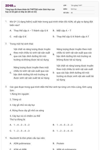Tổng hợp đề tham khảo thi THPTQG môn Sinh Học cực hay có lời giải có đáp án (Đề số 22)