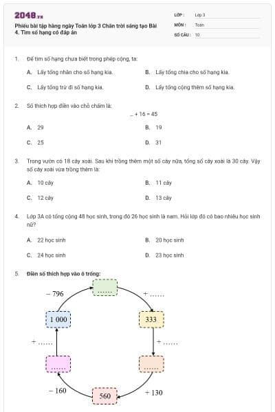 Phiếu bài tập hàng ngày Toán lớp 3 Chân trời sáng tạo Bài 4. Tìm số hạng có đáp án