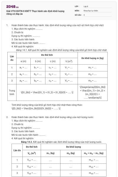 Giải VTH KHTN 8 KNTT Thực hành xác định khối lượng riêng có đáp án