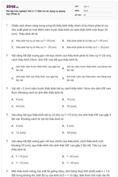 Bài tập trắc nghiệm Vật Lí 11 Mắt và các dụng cụ quang học (Phần 2)