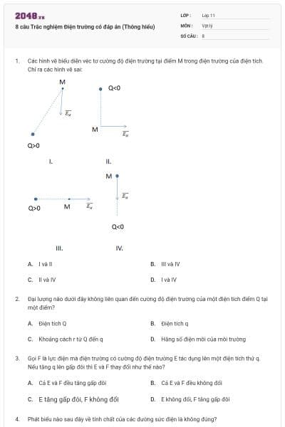 8 câu Trắc nghiệm Điện trường có đáp án (Thông hiểu)