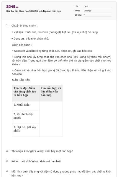 Giải bài tập Khoa học 5 Bài 36 (có đáp án): Hỗn hợp
