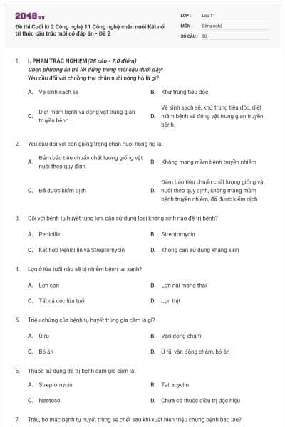 Đề thi Cuối kì 2 Công nghệ 11 Công nghệ chăn nuôi Kết nối tri thức cấu trúc mới có đáp án - Đề 2