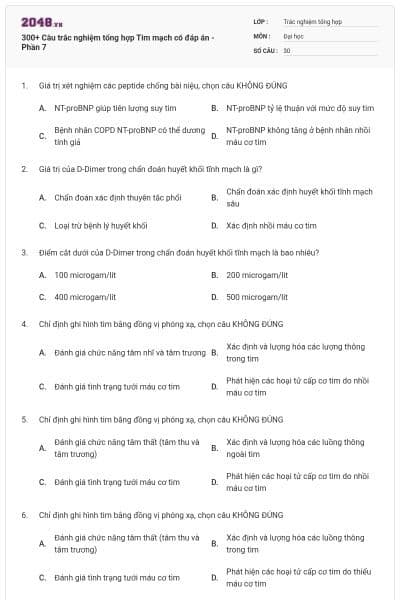 300+ Câu trắc nghiệm tổng hợp Tim mạch có đáp án - Phần 7