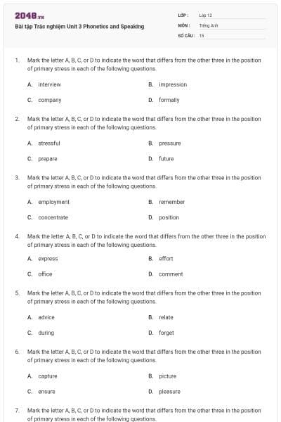 Bài tập Trắc nghiệm Unit 3 Phonetics and Speaking