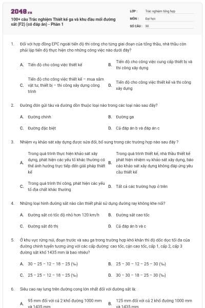 100+ câu Trắc nghiệm Thiết kế ga và khu đầu mối đường sắt (F2) (có đáp án) - Phần 1