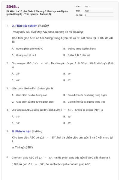 Đề kiểm tra 15 phút Toán 7 Chương 3 Hình học có đáp án (phần Cddqctg - Trắc nghiệm - Tự luận 3)
