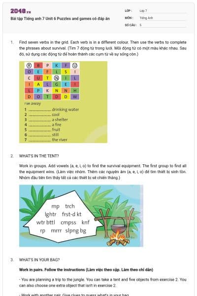 Bài tập Tiếng anh 7 Unit 6 Puzzles and games có đáp án