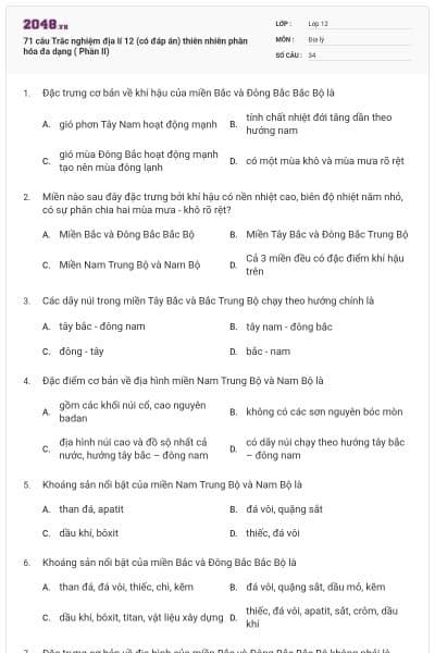 71 câu  Trắc nghiệm địa lí 12 (có đáp án) thiên nhiên phân hóa đa dạng ( Phần II)