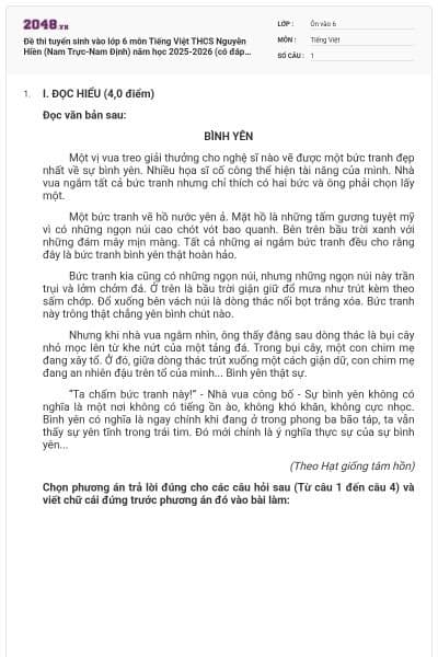 Đề thi tuyển sinh vào lớp 6 môn Tiếng Việt THCS Nguyễn Hiền (Nam Trực-Nam Định) năm học 2025-2026 (có đáp án)
