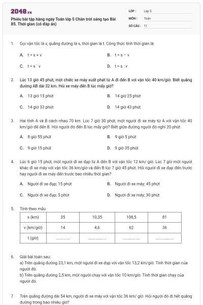 Phiếu bài tập hàng ngày Toán lớp 5 Chân trời sáng tạo Bài 85. Thời gian (có đáp án)