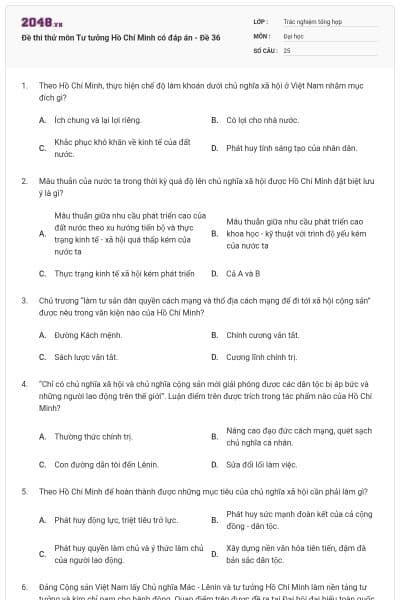 Đề thi thử môn Tư tưởng Hồ Chí Minh có đáp án - Đề 36