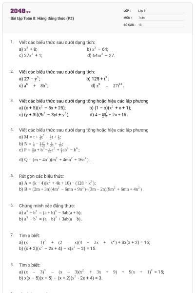 Bài tập Toán 8: Hằng đẳng thức (P3)