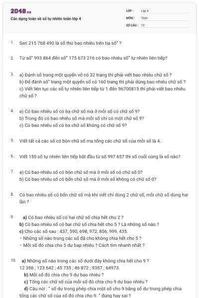 Các dạng toán về số tự nhiên toán lớp 4