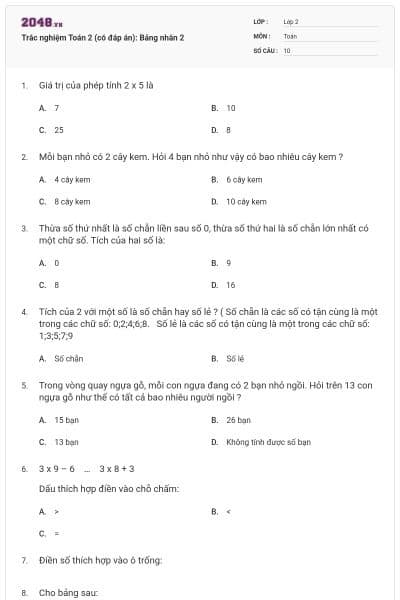 Trắc nghiệm Toán 2 (có đáp án): Bảng nhân 2
