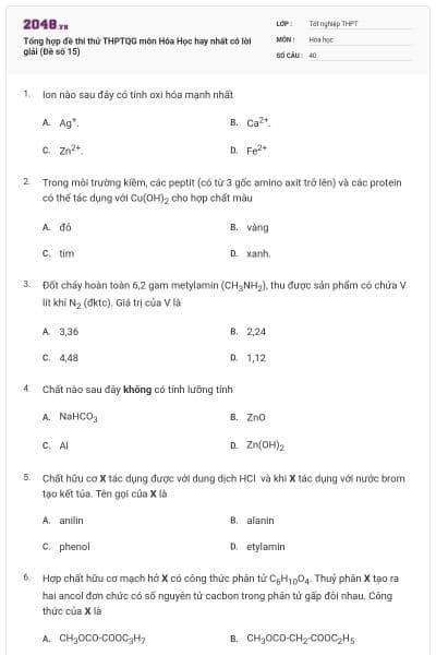 Tổng hợp đề thi thử THPTQG môn Hóa Học hay nhất có lời giải (Đề số 15)