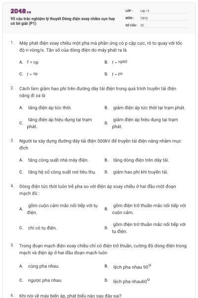 95 câu trắc nghiệm lý thuyết Dòng điện xoay chiều cực hay có lời giải (P1)