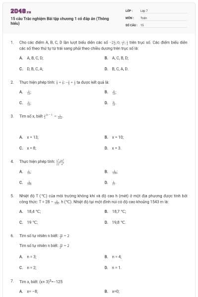 15 câu Trắc nghiệm Bài tập chương 1 có đáp án (Thông hiểu)
