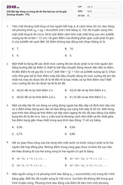 250 Bài tập Sóng cơ trong đề thi thử Đại học có lời giải (trường chuyên - P5)