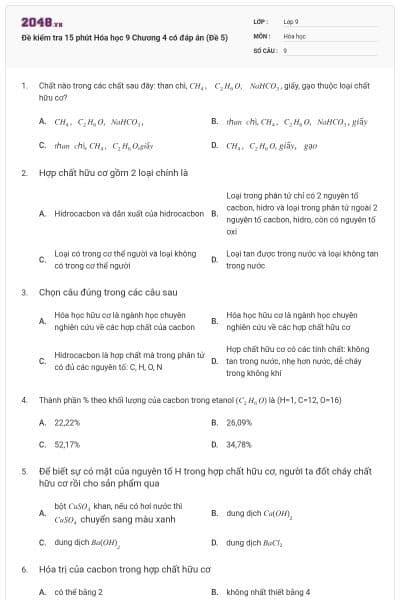 Đề kiểm tra 15 phút Hóa học 9 Chương 4 có đáp án (Đề 5)