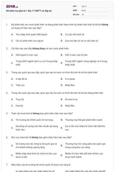 Đề kiểm tra giữa kì 1 Địa 11 KNTT có đáp án