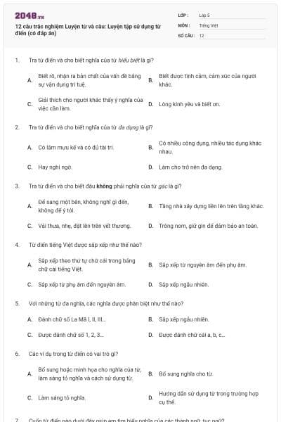 12 câu trắc nghiệm Luyện từ và câu: Luyện tập sử dụng từ điển (có đáp án)