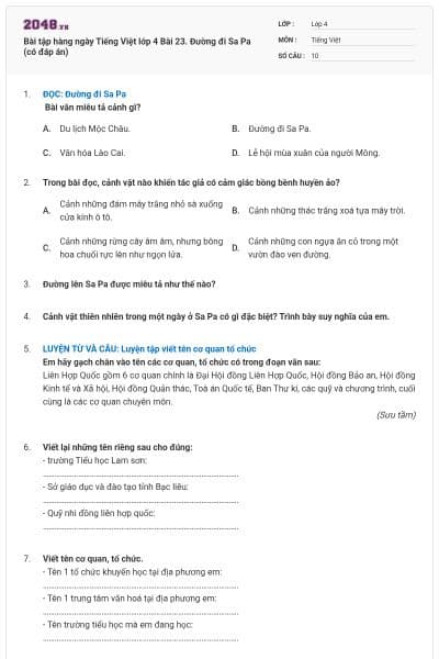 Bài tập hàng ngày Tiếng Việt lớp 4 Bài 23. Đường đi Sa Pa (có đáp án)
