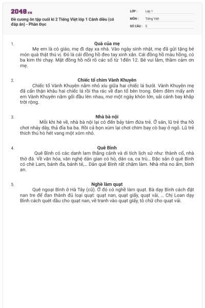 Đề cương ôn tập cuối kì 2 Tiếng Việt lớp 1 Cánh diều (có đáp án) - Phần Đọc