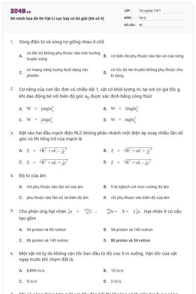 Đề minh họa đề thi Vật Lí cực hay có lời giải (Đề số 4)