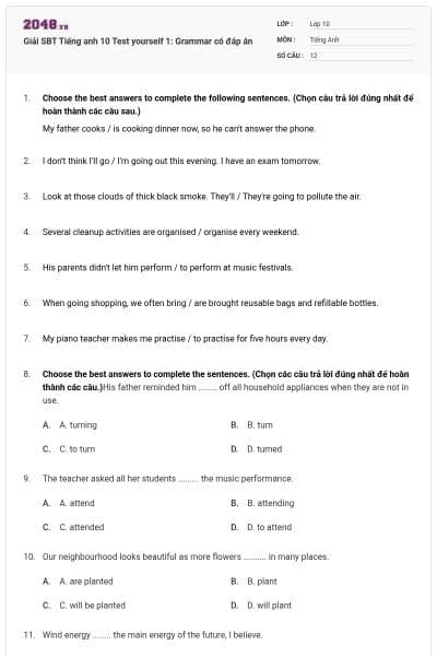 Giải SBT Tiếng anh 10 Test yourself 1: Grammar có đáp án