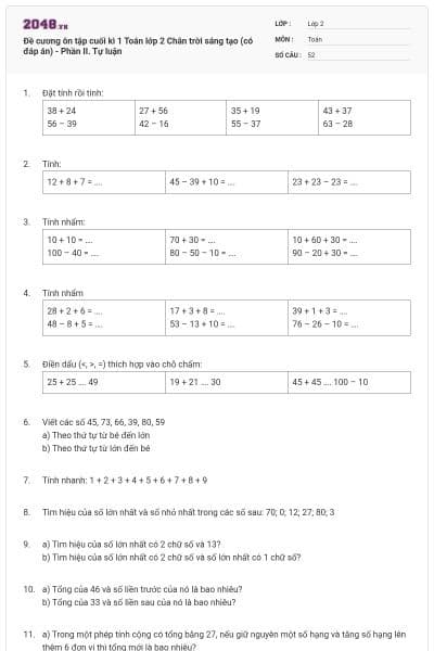 Đề cương ôn tập cuối kì 1 Toán lớp 2 Chân trời sáng tạo (có đáp án) - Phần II. Tự luận