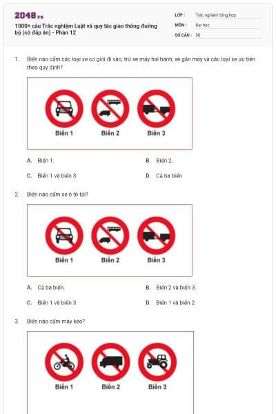 1000+ câu Trắc nghiệm Luật và quy tắc giao thông đường bộ (có đáp án) - Phần 12
