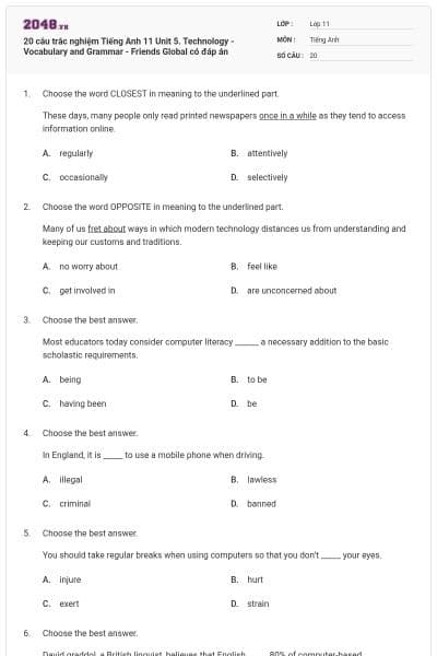 20 câu trắc nghiệm Tiếng Anh 11 Unit 5. Technology - Vocabulary and Grammar - Friends Global có đáp án