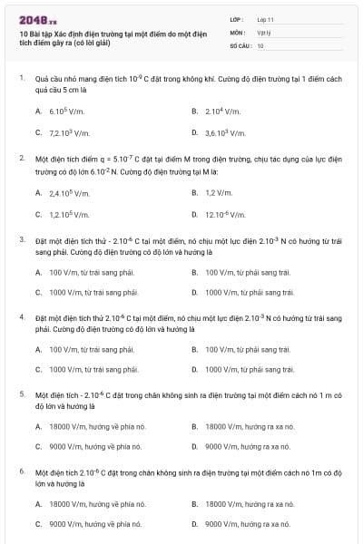 10 Bài tập Xác định điện trường tại một điểm do một điện tích điểm gây ra (có lời giải)