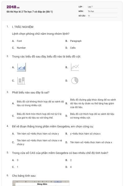 Đề thi Học kì 2 Tin học 7 có đáp án (Đề 1)