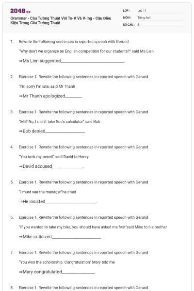 Grammar - Câu Tường Thuật Với To-V Và V-Ing - Câu Điều Kiện Trong Câu Tường Thuật