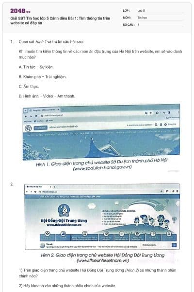 Giải SBT Tin học lớp 5 Cánh diều Bài 1: Tìm thông tin trên website có đáp án