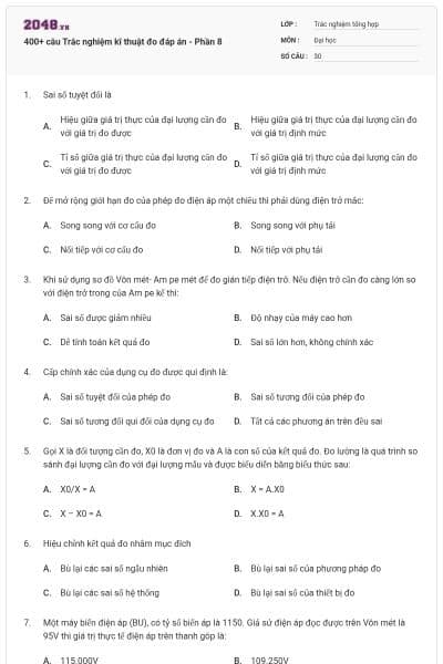 400+ câu Trắc nghiệm kĩ thuật đo đáp án - Phần 8