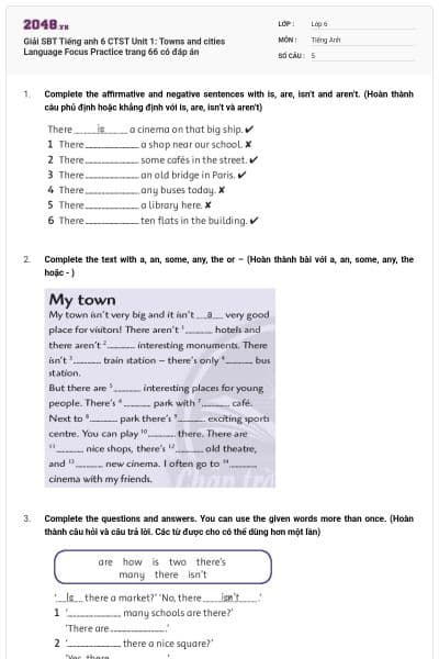 Giải SBT Tiếng anh 6 CTST Unit 1: Towns and cities Language Focus Practice trang 66 có đáp án