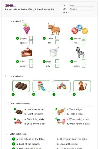 Bài tập cuối tuần Review 3 Tiếng Anh lớp 2 (có đáp án)