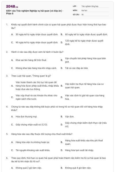 600+ câu Trắc nghiệm Nghiệp vụ hải quan (có đáp án) - Phần 8