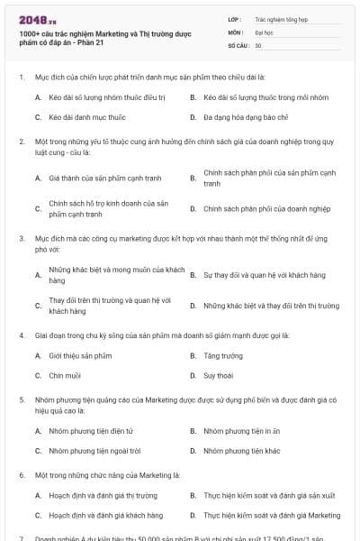 1000+ câu trắc nghiệm Marketing và Thị trường dược phẩm có đáp án - Phần 21