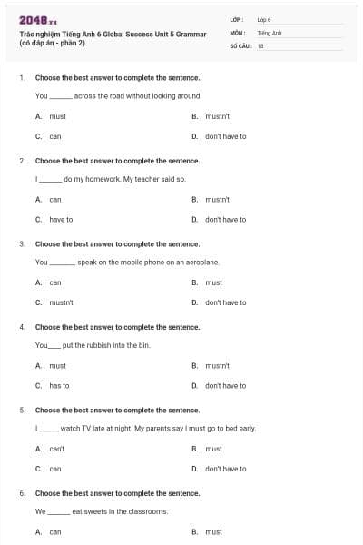 Trắc nghiệm Tiếng Anh 6 Global Success Unit 5 Grammar (có đáp án - phần 2)